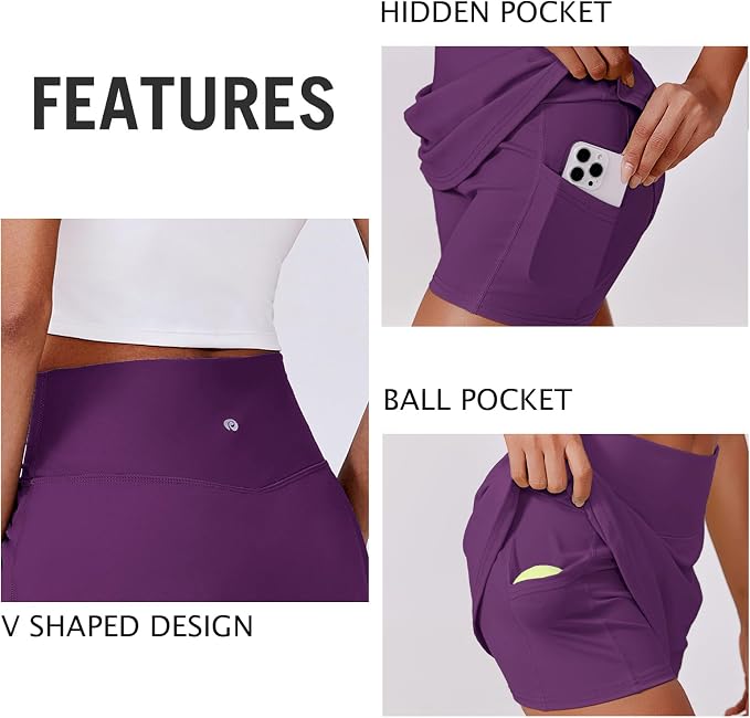 PINSPARK 14" Womens Tennis Skirt High Waisted Golf Skort with 2 Pockets | Built-in Shorts, A Line, Tummy Control, Stretchy, Casual, Mini, Workout, Pickleball, Running, Skort for Woman