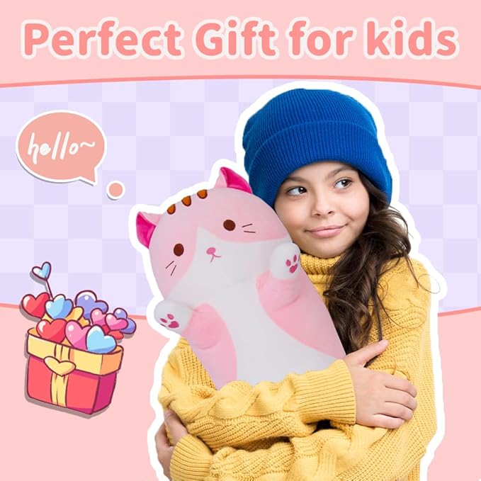 Long Cat Body Pillow for Kids, Cute Cat Stuffed Animals Gifts for Girls, Long Cat Plush Toy for Birthday, Soft Cat Plushies Pillow Without Wings (Pink, 19.6in/50cm)