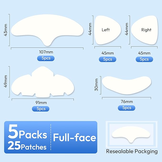 Full Face Pimple Patches(5 Pack),Big Hydrocolloid Acne Patches,Skin Care Zit Patches for Whole Face,Nose, Chin, Forehead & Cheeks w/Tea Tree Oil, Salicylic Acid & Cica Oil（5 Pack,25 Patches）