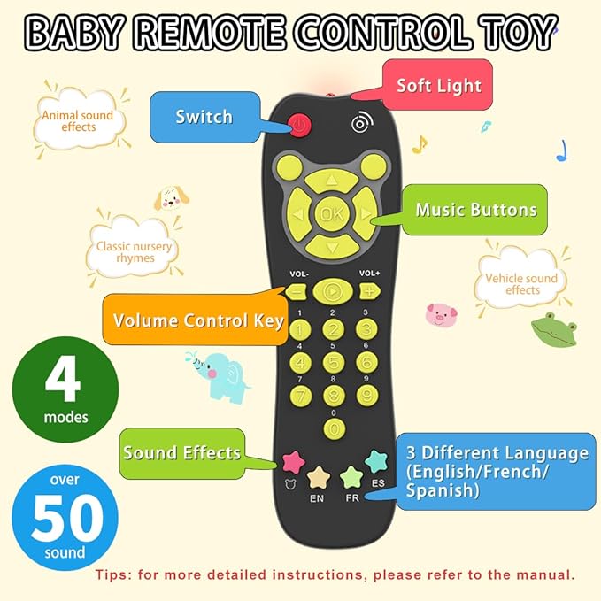 Toy Phone Baby Remote Control Toy Set, Play Phones TV Remote Control with Music Light for 6+ Months, Early Learning Baby Toys Gift for 1 Year Old Boys Girls Kids Toddler Infant, English/Spanish, Black