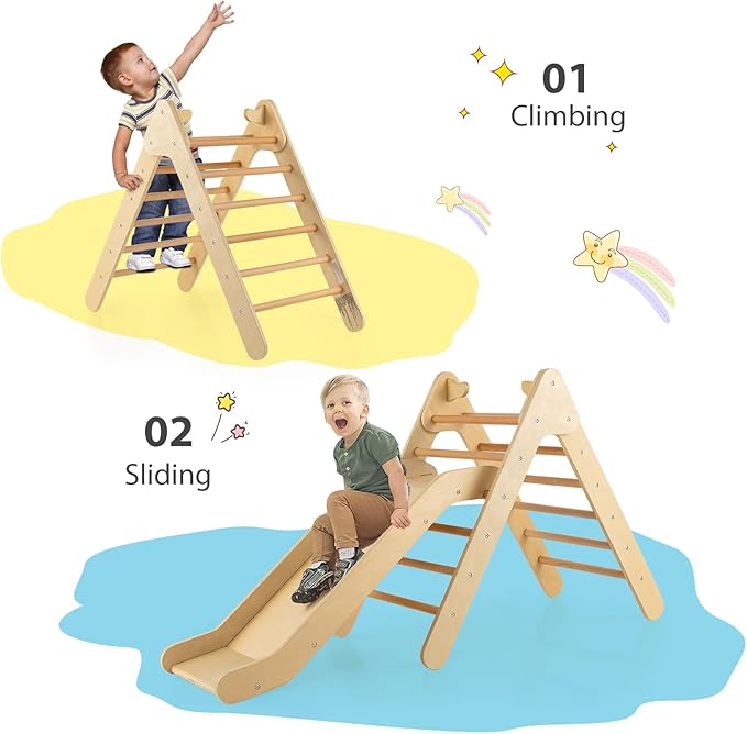 OLAKIDS Pikler Triangle Set 2 in 1 Climbing Toys for Toddlers Foldable Wood Montessori Baby Jungle Gym with Ladder Ramp Slide Kids Indoor Playground Activity Play Structure