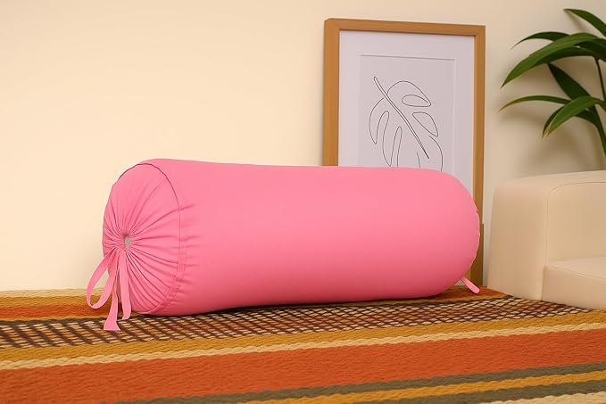 Cylindrical Pillow Bolster Cover Cervical Neck Roll Cotton Pillowcase with Drawstring Closure Neck Cushion Cover 6" x 18" (15 x 45 cm) Baby Pink