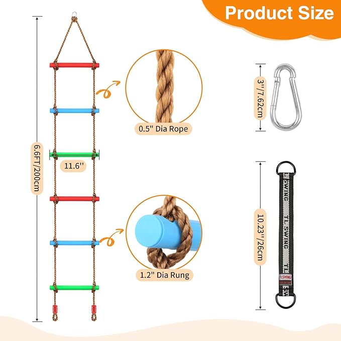 Climbing Rope Ladder for Kids, Wooden Ninja Tree Ladder Swing Set for Boys & Girls, Kids Ninja Warrior Obstacle Course Accessories for Tree House, Playground, Play Set