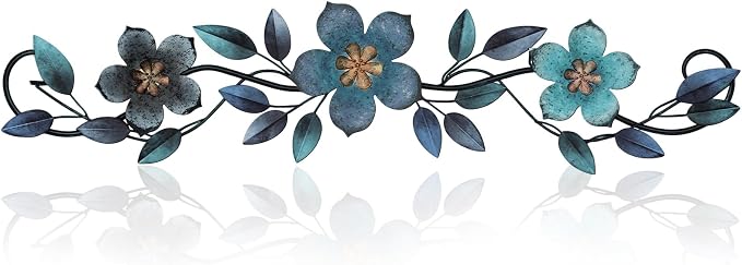 Wesiti Metal Flower Wall Decor Vintage Metal Flower Wrought Iron Scroll Sculpture 15.7''x3.7'' Not 3D, Flat Farmhouse Leaf Wall Decor with Nails for Summer Bedroom Kitchen Indoor Outdoor(Blue)
