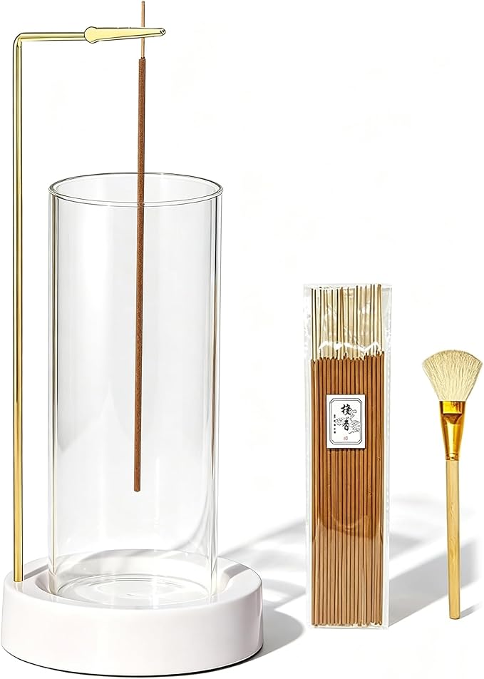 CEREMONY Incense Holder, Ceramic Incense Holder for Sticks with Glass Ash Catcher, Incense Burner for Meditation Yoga Spa Room Decor(Beige)