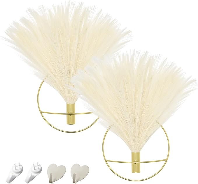 Pretty Jolly Boho Pampas Wall Decor Gold Metal Wall-Mounted Art | Morden Artificial Greenery Display，2 Pack Beige Hanging Planter For Living Room, Bedroom, Bathroom, Dining room