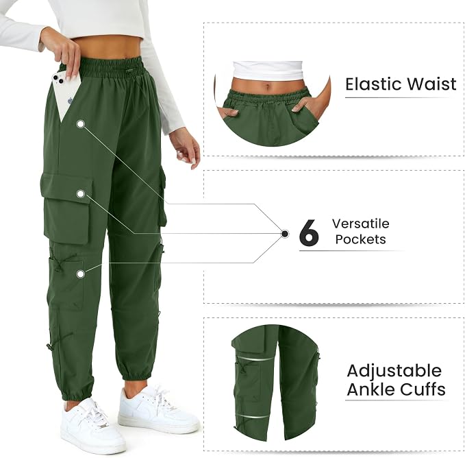 COPYLEAF Womens Parachute Cargo Pants with Pockets Quick Dry Hiking Pants Lightweight Water-Resistant Baggy Joggers