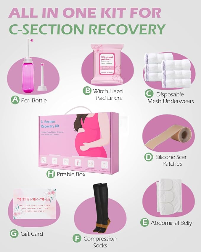 C Section Recovery Kit, Csection Postpartum Essentials | Peri Bottle,6 Disposable Mesh Underwears,Witch Hazel Pad Liners,Silicone Scar Patches, Abdominal Belly Binder,Socks,Card
