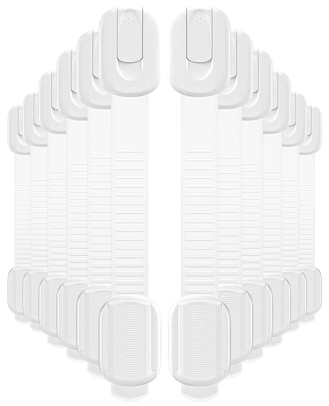 12 Pack Cabinet Locks Baby Proofing, Child Proof Cabinet Locks with 3M Adhesive - Easy Installation with Adjustable Straps, Multi-Purpose Child Safety Latches for Drawers Fridge Trash Cans Toilets