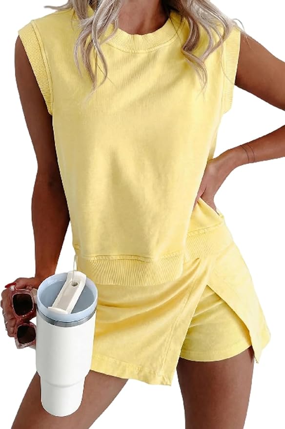 Women 2pc Mineral Wash Athletic Lounge Tank Skirt Set | Soft mineral wash cotton,Breathable.Relaxed lined split skirt.Ideal for travel,lounge,gym,workout casual daily wear
