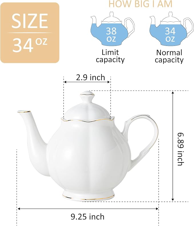 34oz White Porcelain Teapot with Gold Trim, Classic Ceramic Teapot for Loose Leaf Tea & Tea Bags, Elegant Teapot for Daily Use or Gifts