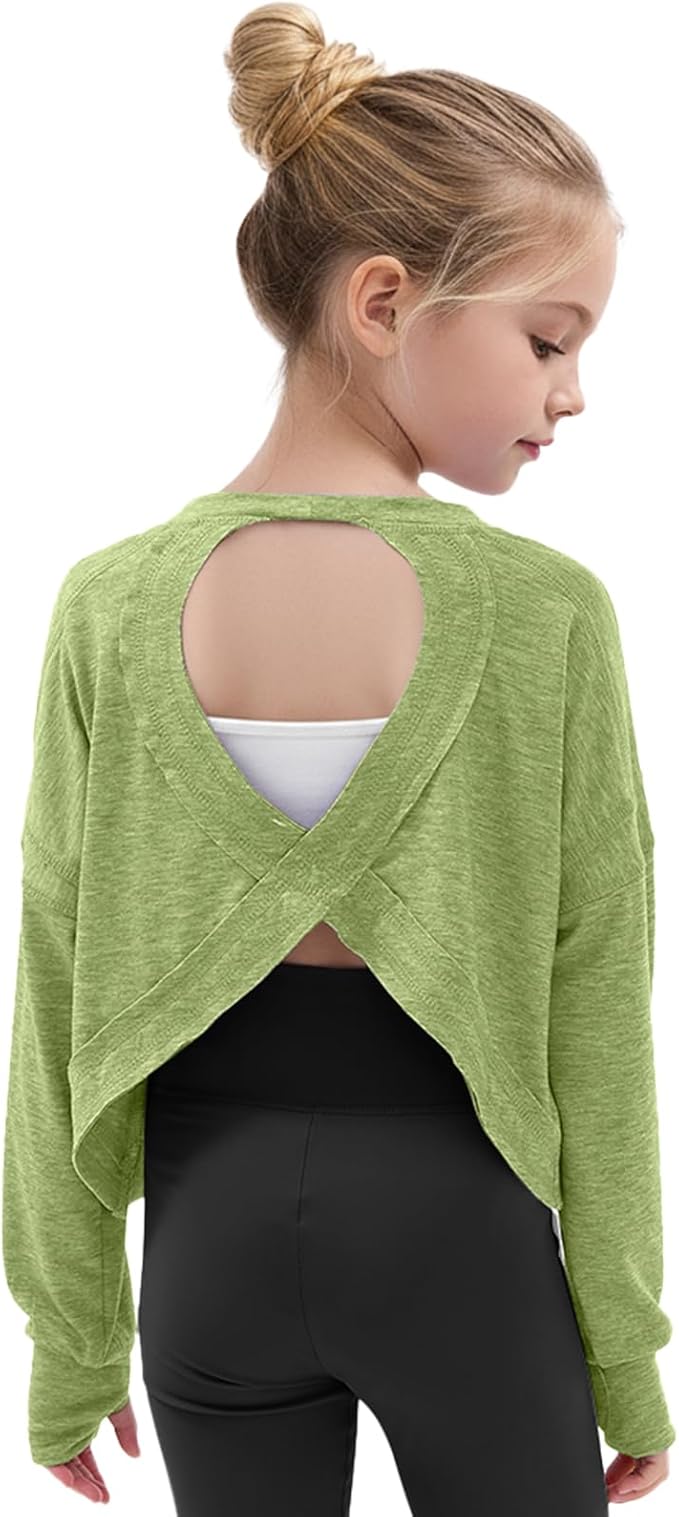 Gogokids Girls Shirts Long Sleeve Athletic Shirts Open Back Tops Active Sports Tshirts Yoga Workout Crop Tees 5-14 Years