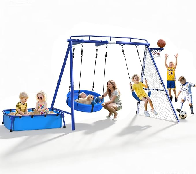 5-in-1 Heavy Duty Metal Swing Set with Sandbox for Backyard, 800 LBS Capacity, Reinforced A‑Frame, Sandbox, Cradle Swing, Basketball Hoop, Soccer Net for Kids, Toddlers & Adults