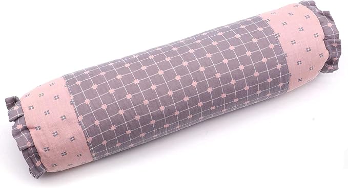 Round Neck Buckwheat Pillow, Neck Support Cervical Pillow for Side and Back Sleepers with Removable Washable Cover (16x4 inch, Grey&Pink)