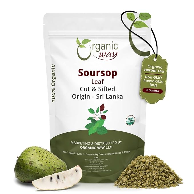 Organic Way Dried Soursop Leaf Coarse Cut (Annona Muricata) - Herbal Tea | Vegan, Non GMO & Gluten Free | Kosher Certified | Resealable Bag | 100% Raw from Sri Lanka (8 Ounces)