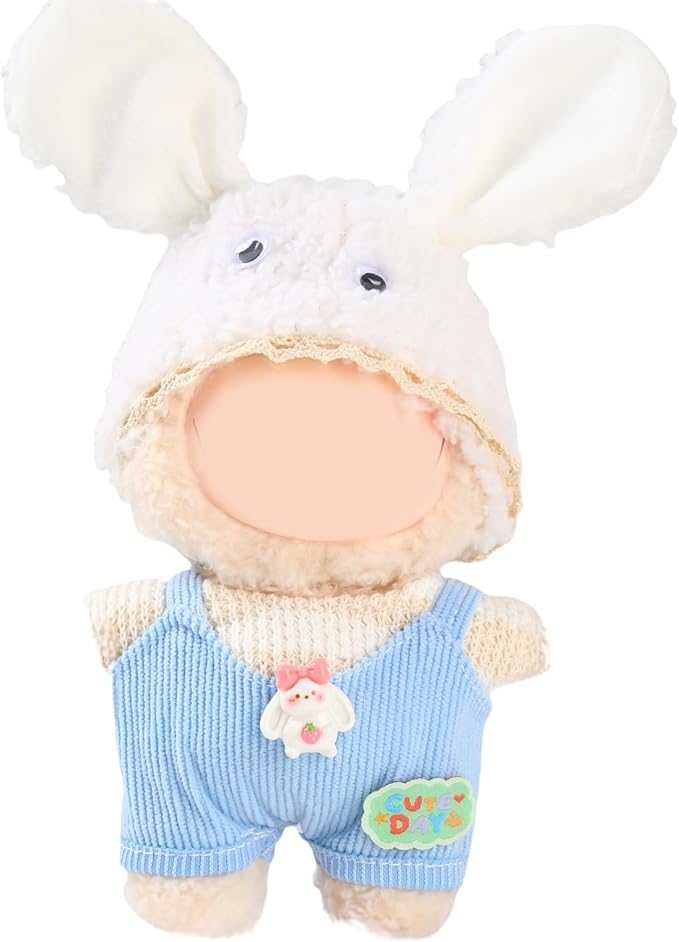 17cm Doll Clothes Set (No Doll) – Outfit with Hat & Overalls, Handmade Accessories for Mini Dolls, OB11-Compatible Dress-Up Gift (White Rabbit)