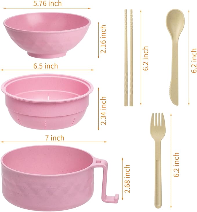 Ramen Cooker,32oz Ramen Bowl Set,Microwave Ramen Bowl, Microwave Bowl with Lid, Portable Noodle Bowls,for Home Office Dorm Room College gift (Pink)