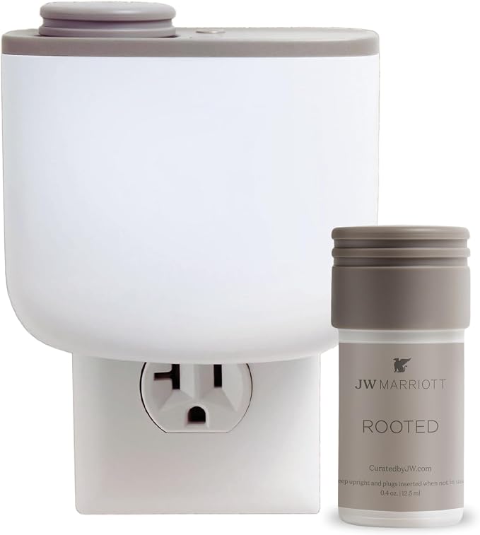 JW Marriott Mini Home Diffuser & Fragrance Refill - Plug in Wall Diffuser - Luxury Hotel Collection - Scent Notes of Sycamore, Sage, Cedarwood, Sandalwood, and Amber - Rooted Fragrance