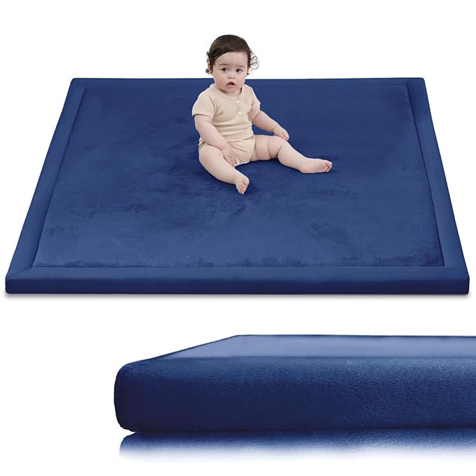 Ultra Soft Baby Play Mat for Floor, 1.3" Thick Elasti-Foam 59x59 Play Mat for Playpen,Water-Repellent Coral Velvet for Tummy Time, Non-Slip Backing,Safe for Toddlers & Infants（Dark Blue）