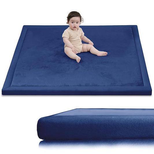 Ultra Soft Baby Play Mat for Floor, 1.3" Thick Elasti-Foam 59x59 Play Mat for Playpen,Water-Repellent Coral Velvet for Tummy Time, Non-Slip Backing,Safe for Toddlers & Infants（Dark Blue）