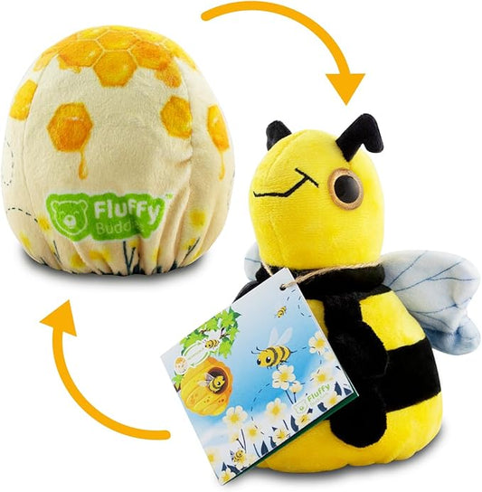 Plushie Bee - Reversible Stuffed Animal, Small Plushies - Soft & Cuddly Plushie - Sensory Toy, Eco Friendly, Educational - Egg to Bee - Kids Pushies - Coloring TAG - Gift for All Ages