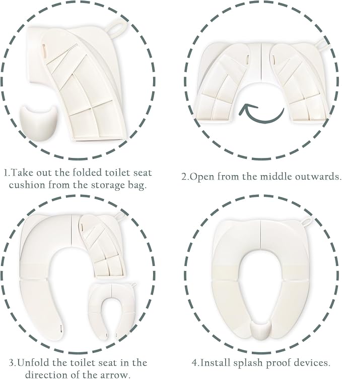 Kids Foldable Toilet Seat with Storage Bag - Training Urine Anti-Slip Toilet Seat Cover with Splash Guard for Children Toddlers, Portable & Travel-Friendly Easy Clean Universal Fit-White