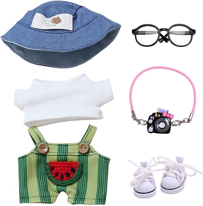 17cm Doll Designer Clothes, La Booboo Doll Summer Outfit Set Accessories with Tshirt, Green Overall, Black Camera, Glasses, Shoes, Demin Bucket Hat, Green