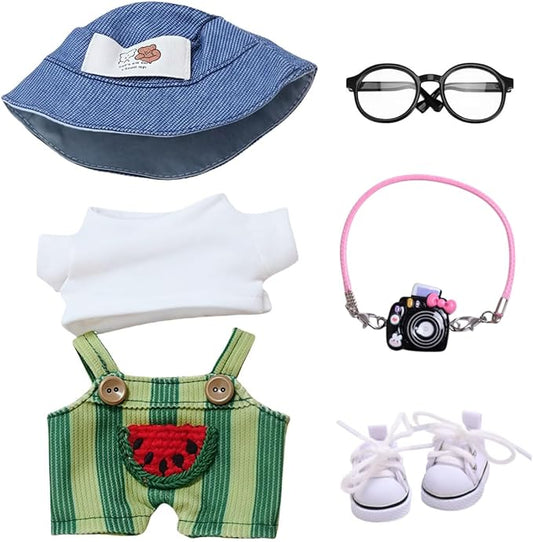 17cm Doll Designer Clothes, La Booboo Doll Summer Outfit Set Accessories with Tshirt, Green Overall, Black Camera, Glasses, Shoes, Demin Bucket Hat, Green