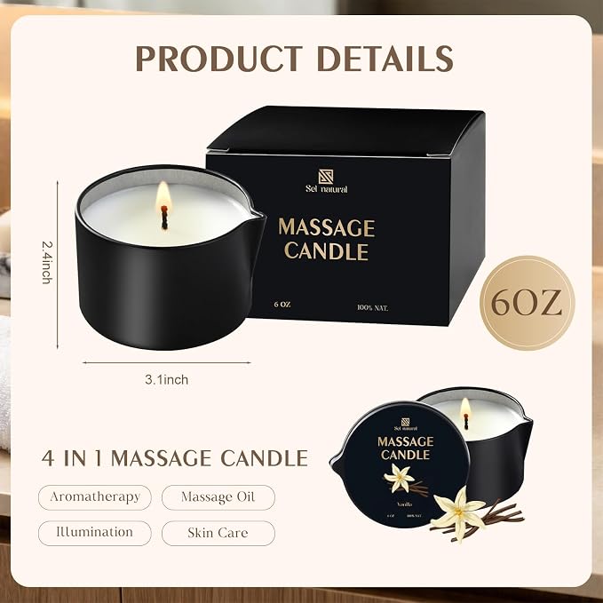 6 oz Massage Oil Candles Low Heat Massage Candle Wax Therapy Body Oil Valentines for Spa, Relaxation, Couples Gifts, or Self-Care