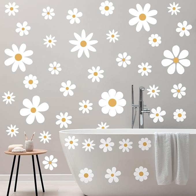 TaoBary 12 Sheet Daisy Wall Sticker Decal,White, Yellow,Classic Style | Big Flower Wall Sticker, Pink White Floral Decal, Daisy Bedroom Room Decor, Removable Peel and Stick, Nursery Home Wall Decor