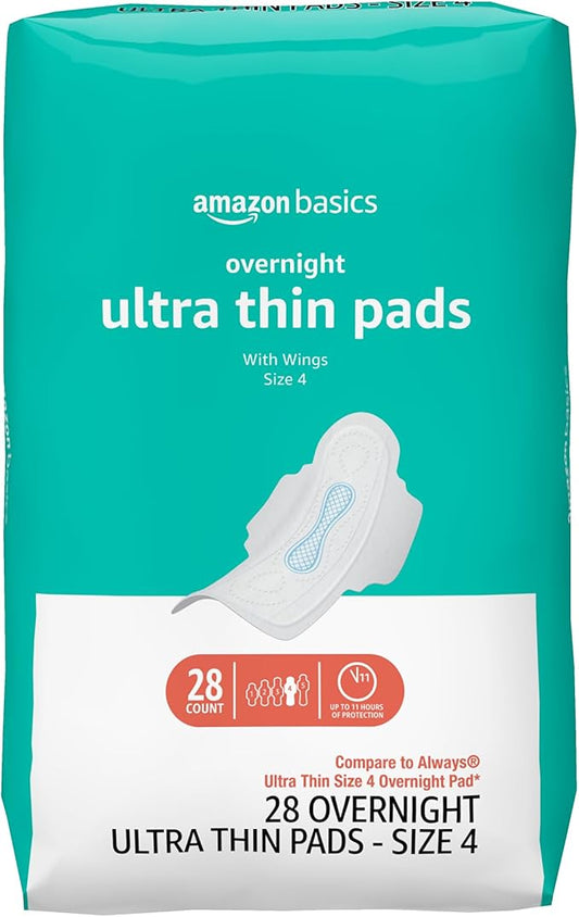 Amazon Basics Overnight Heavy Absorbency Feminine Pads for Women, Ultra Thin with Flexi-Wings, Unscented, Size 4, 28 Count, 1 Pack
