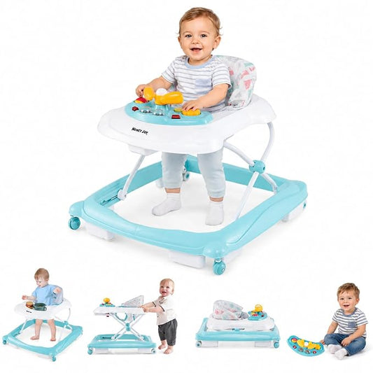 HONEY JOY Baby Walker, 5 in 1 Infant Activity Walker with Wheels, Music, Removable Cushion, Toddler Foldable Push Walker for Boys Girls, Anti-Rollover Walkers for Babies 7-14 Months (Green)