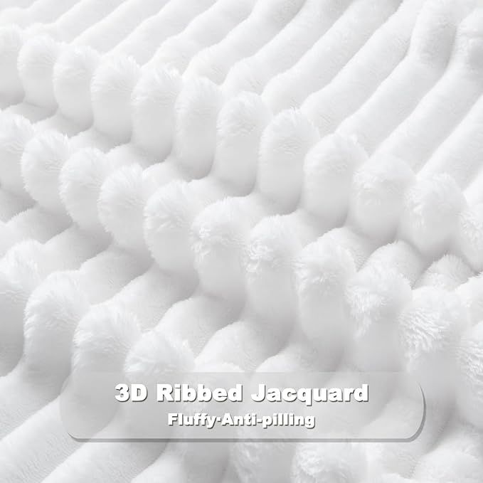 NEWCOSPLAY Super Soft King Blanket White Premium Silky Flannel Fleece 3D Ribbed Jacquard Lightweight Bed Blanket All Season Use (White Ribbed, King(90"x110"))