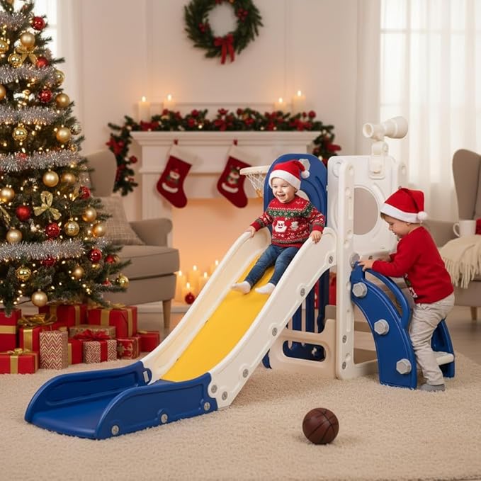 NYEEKOY Toddler Slide,6 in 1 Indoor Slide for Toddlers 1-3, Freestanding Slides for Kids with Basketball Hoop, Telescope, Storage, Playground Slide and Climber Playset for Outdoor Backyard, Blue