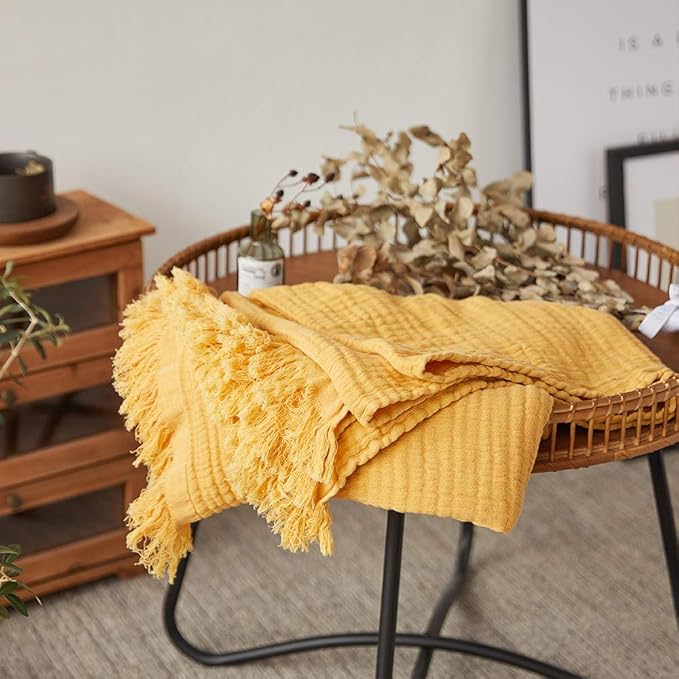Simple&Opulence Cotton Muslin Throw Blanket for Bed, Couch, Knit Woven Gauze Blanket with Tassels, Soft Lightweight Cozy Pre-Washed Breathable Farmhouse Decoration for All-Season (Yellow)