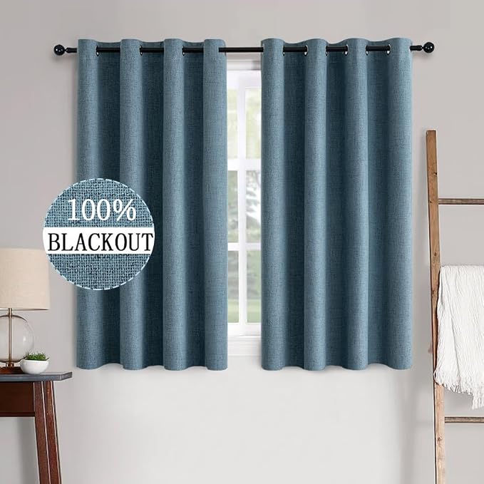 MIULEE Linen Texture Curtains for Bedroom Solid 100% Blackout Thermal Insulated Dusty Blue Curtains Grommet Room Darkening Drapes Luxury Decor for Living Room 52x54 Inch (2 Panels)