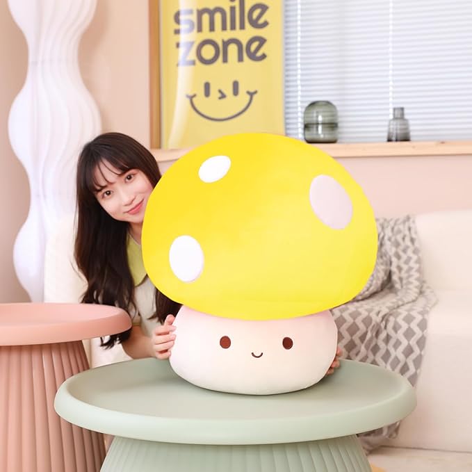 Cute Yellow Mushroom Plush Pillow, 3D Soft Mushroom Plushie Hugging Pillow Gift for Girls Kids Home Decor Christmas Birthday, 25cm