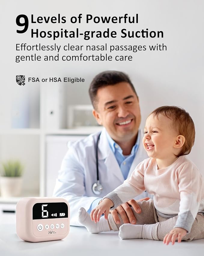 HEYVALUE Nasal Aspirator for Baby, Hospital Grade Nose Sucker with 9 Levels Suction, Night Light and Nursery Rhyme Soothing, Electric Nose Suction for Baby with Food-Grade Silicone Tips Pink
