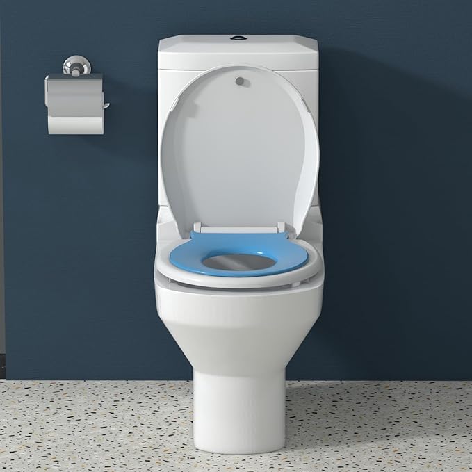 17" Blue Round Potty Training Toilet Seat, Built-In Soft Quiet-Close Lid with Non-Slip Design for Adult and Child, Magnetic Kids Seat, Easy to Install and Clean
