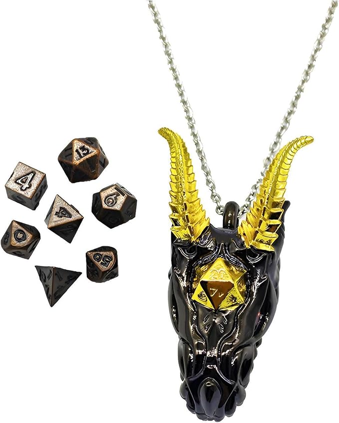 2025 Dragon Necklace for DND Dice Set, 7-in-1 Dragon Metallic D&D Dice with Gift Case for Dungeons and Dragon Game, RPG Role Playing Table Game Gifts (Black Gold)