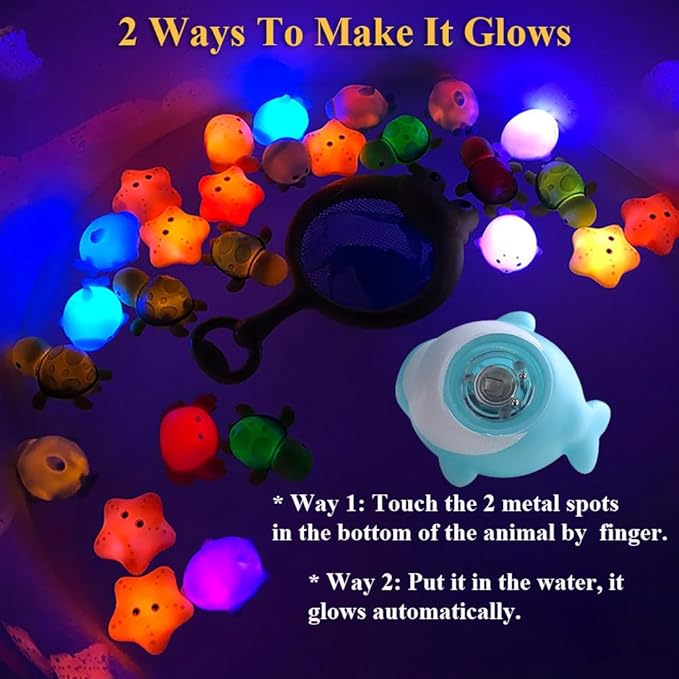 Baby Bath Toy Set, Glowing Animal Tub Toy No Hole Light Up Bathtub Toy Luminous Ocean Animal Floating Toy with Colorful Light for Boys and Girls-Starfish, Crab, Octopus and Whale (D)