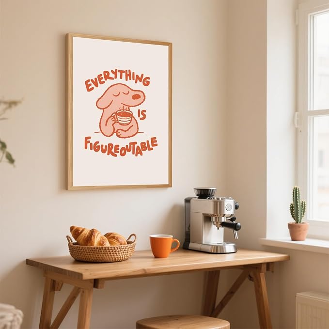 Everything Is Figureoutable Motivational Poster Cute Dog Positive Quote Inspirational Wall Art Funny Cartoon Mental Health Coffee Canvas Print for Kids Room Home Decor 16x24inch Wooden Framed
