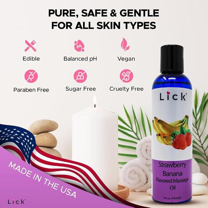 Lick Strawberry Banana Flavored Massage Oil – Sweet Creamy Fruit Edible Massage Oil with Vitamin E, Smooth Body-Safe Glide for Couples Massage & Relaxation, 4 oz