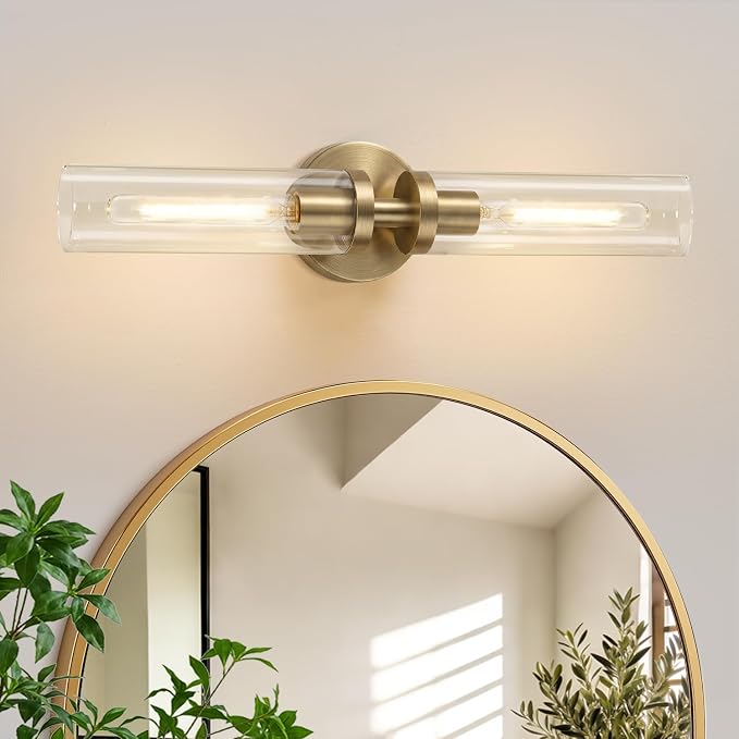 Indoi Brass Wall Sconces, Hardwired Bathroom Sconces Wall Lighting with Clear Glass, Modern Bathroom Vanity Lights fixtures for Mirror Bedroom Living Room Hallway Kitchen