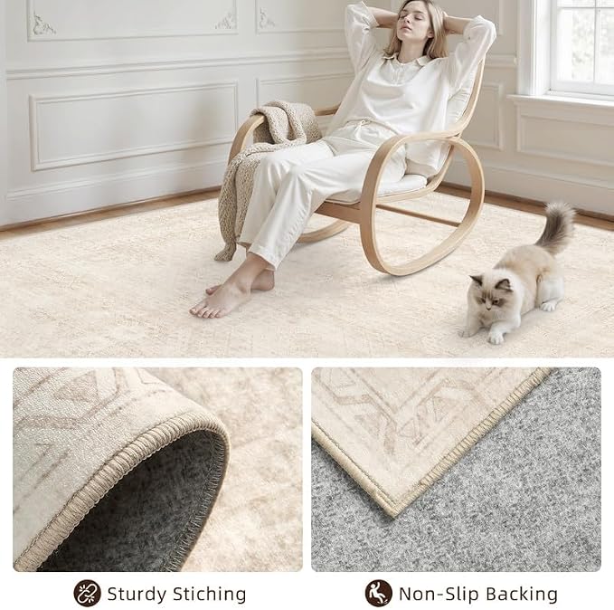 Round Area Rug for Living Room: 8ft Vintage Boho Neutral Washable Circle Rug Soft Large Circular Carpet for Bedroom Nursery Farmhouse Dining Room Office Floor Non-Slip Low Pile Under Table Rug Beige