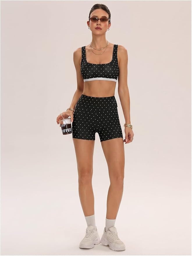 Milumia Women's Polka Dots Workout Set 2 Piece Color Block Bra Tank High Waisted Biker Shorts Layered Matching Yoga Outfit