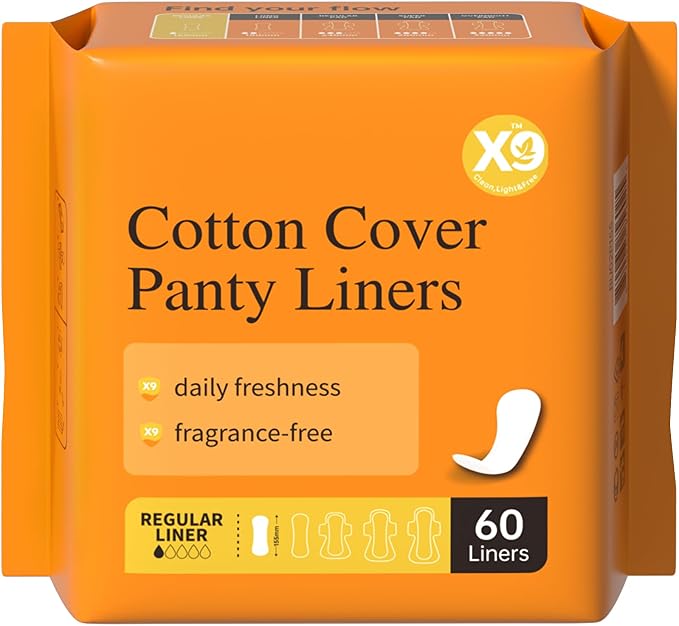 X9 Cotton Cover Panty Liners for Women, 60 Count, Fragrance-Free Light Absorbency Daily Liners with Soft Cover (Regular, Count, 60.0)