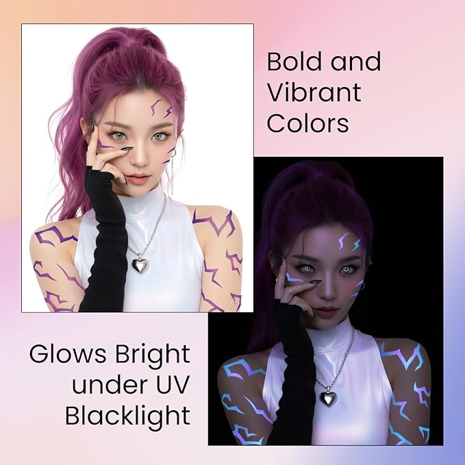 UV Glow Pattern Temporary Tattoos | 3 Sheets Purple Demon Energy Pattern | Blacklight Activated Neon Blue | Hunter Cosplay | Fake Tat Stickers | Kpop Birthday, Glow Party, RPD, Halloween