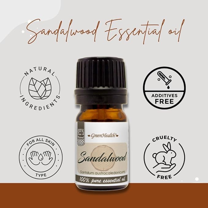 Sandalwood Essential Oil – 5 ml – 100% Pure & Natural – Premium Therapeutic Grade for Aromatherapy, Relaxation, Skin & Diffuser – GreenHealth