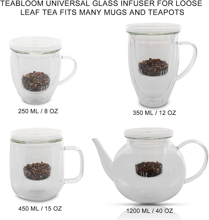 Teabloom Universal Glass Tea Infuser with Dual-Purpose Lid/Coaster – Hygienic, Non-Toxic Glass Filter for Loose Tea Leaves – Lead-Free & Cadmium-Free – Tea Purist's Choice
